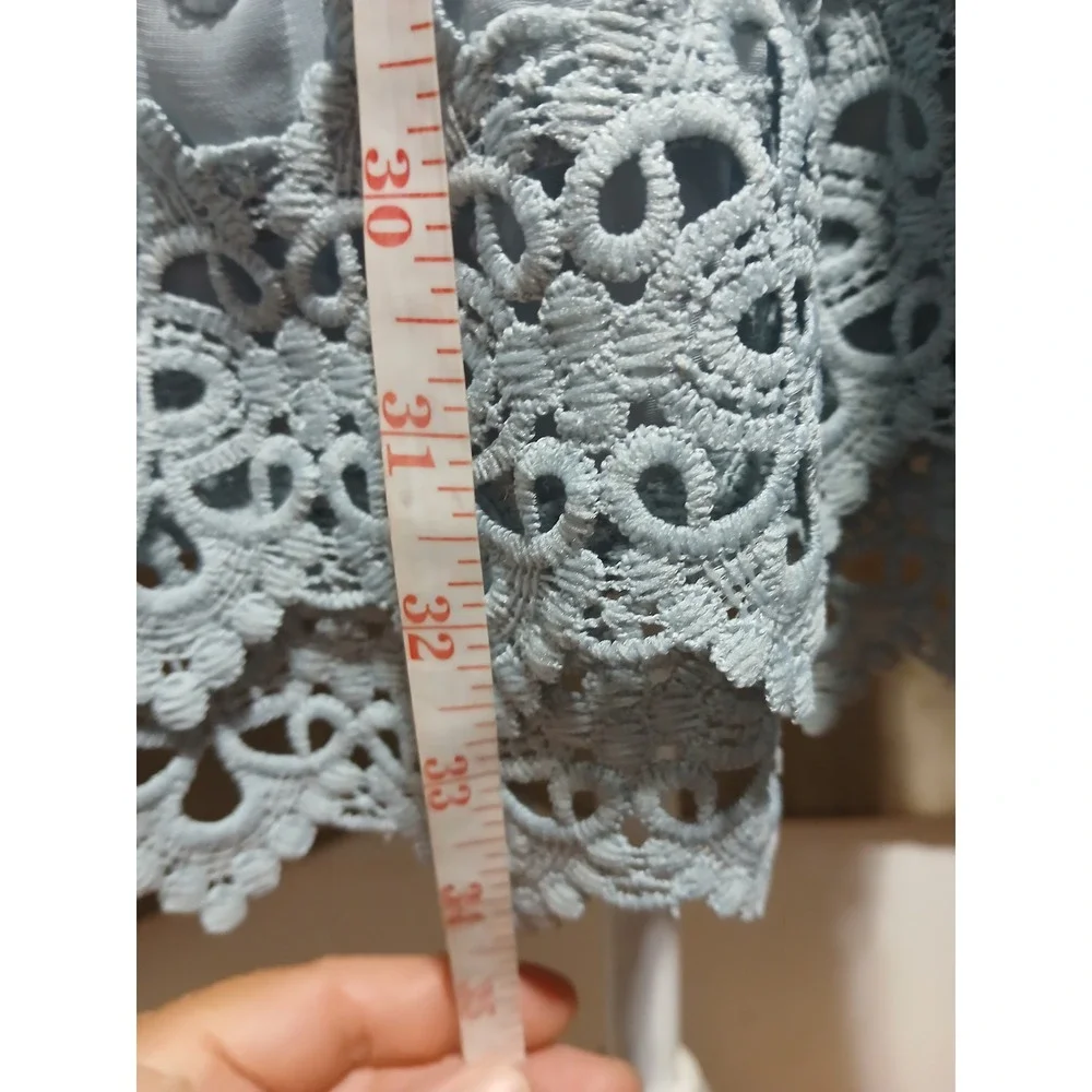 Simplee Light Blue Swiss Dot Crochet Lace Mini Dress Long Sleeve Size L - Picture 8 of 9